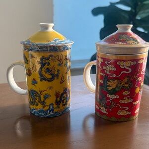 Long Yi Ceramic Dragon Motif Lidded Ceramic Tea Mugs - Yellow & Red